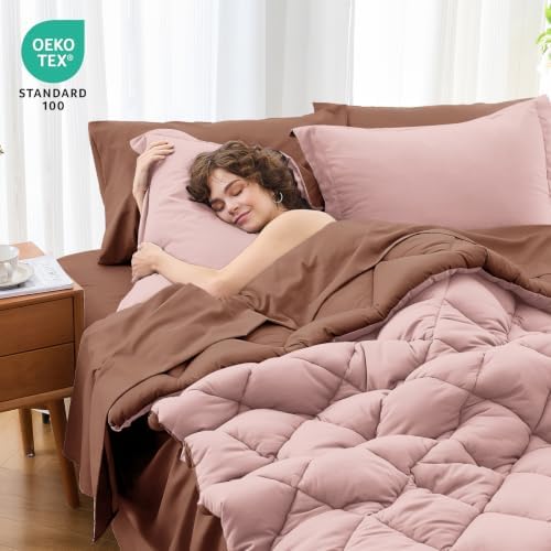 MUXHOMO 7 Pieces Queen Comforter Set, Reversible Bed in a Bag Queen Size, All Season Bedding Set with Comforter, Flat Sheet, Fitted Sheet, Pillowcases & Shams, Rose Gold & Mocha