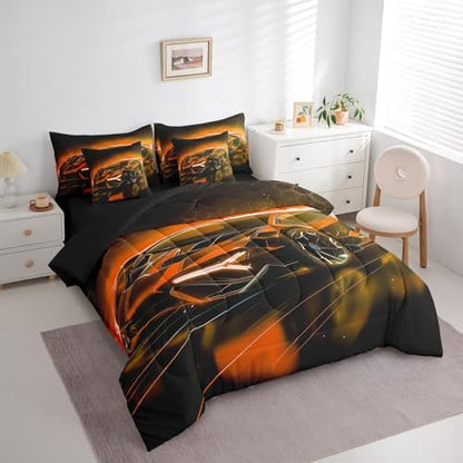 Feelyou Kids Sports Car 7 Piece Bedding Set King Size Orange Race Car Comforter Set with Sheets for Kids Teens Boys Girls Extreme Sports Theme Bed in a Bag Speed Luxury Car Bed Set
