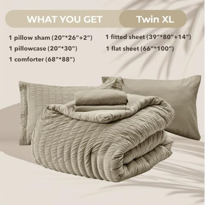 HYMOKEGE Linen Twin XL Comforter Set Seersucker 5 Pieces, All Season Luxury Bed in a Bag for Bedroom, Bedding Set with Comforter, Sheets, Pillowcase & Sham