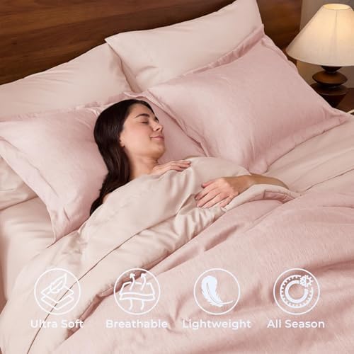 JOLLYVOGUE Rose Pink Full Comforter Set, Cationic Dyeing Bed in a Bag Full 7 Pieces, Double-Tone Bedding Set with Down Alternative Comforter, Sheets, Pillowcases & Shams