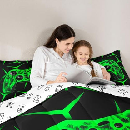 Feelyou Gamer Bedding Set Gamepad Comforter Set for Kids Boys Girls Teens Room Decor Gaming Gifts Comforter Queen Size Game Controller Green Duvet Set 3Pcs