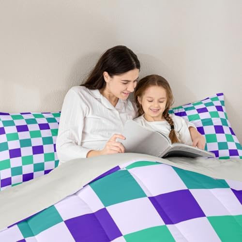 Checkered Geometric Kids Comforter Set Toddler Size Teal Blue Purple Plaid Bedding Set Checkerboard Modern Aesthetic Duvet Quilt for Kids Boys Girls Bedroom Reversible Grey Decor