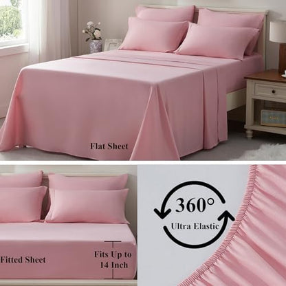 ELNIDO QUEEN® Queen Comforter Set - 7 Pieces Bed in a Bag Queen Size, Bed Set for All Seasons, Blush Pink Ultra Soft Bedding Sets with Comforter, Flat Sheet, Fitted Sheet, Pillowcases and Pillow Shams