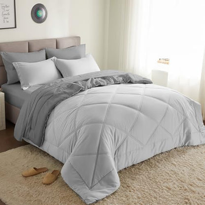 Joiedomi Full Size Comforter Set with Sheets Light Grey, 7 Pieces Full Size Bed Set with 1 Down Alternative Comforter, 1 Flat Sheet, 1 Fitted Sheet, 2 Pillowcases and 2 Pillow Shams, Bed in a Bag