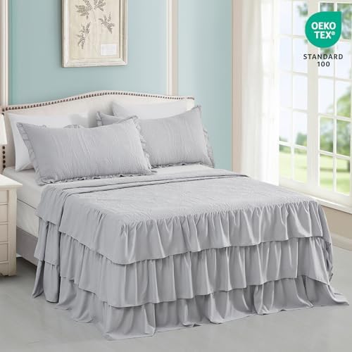 CHIXIN Ruffle Skirt Bedspread King Size - 30" Long Drop, Shabby Chic Style, Lightweight Bedding Cover, 3 Piece Set, Chic Layers, Light Grey