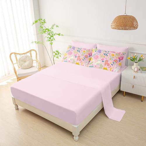 QOOMO Pink Floral Cats 7 Pieces Comforter Set Queen,Kawaii Cats Bedding Set