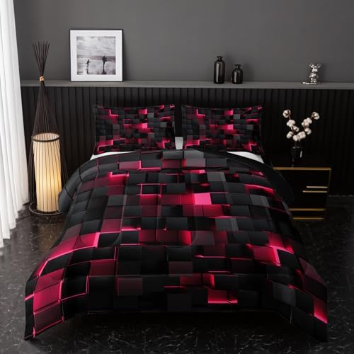 Nttopship Neon Pink Black Comforter Set Queen Geometric Kids Bedding Set,3 PCS Geometry Honeycomb Bed Set Modern Quilt Set 1 Comforter 2 Pillow Cases Cool Room Decor All Season B-Side Black