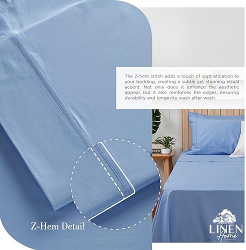 Linen Home 100% Cotton Percale Cal King Sheets 4Pc Cooling Set, Baby Blue