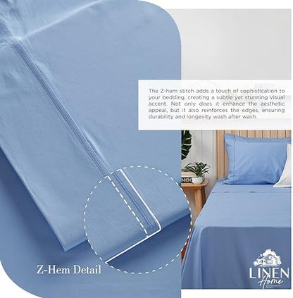 Linen Home 100% Cotton Percale Cal King Sheets 4Pc Cooling Set, Baby Blue