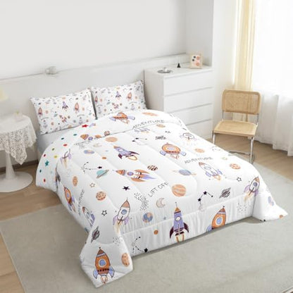 Erosebridal Kids Rocket Comforter King Size for Kids Teens Adults,Cartoon Spaceship Bedding Set,Galaxy Themed Duvet Insert,Planets Outer Space Quilt Bedroom Decor