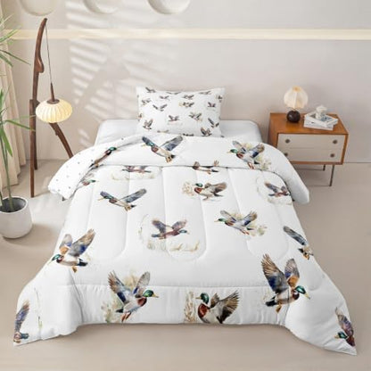 Feelyou Mallard Duck Comforter Set Twin Size Duck Hunt Bedding Set for Kids Boys Girls Wild Duck Hunting Duvet Quilt Wild Animal Bedroom Decor Microfiber 2 Pcs with 1 Pillow Cases