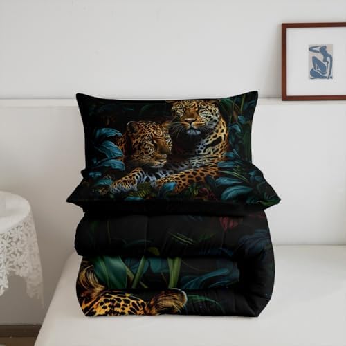 Jungle Cheetah Kids Comforter Set Twin Size,Palm Leaves Tropical Plant Botanical Bedding Set,Girls Boys Room Decor,Wildlife Leopard Animal Quilt Comforter,Brown Rustic Duvet Insert,1 Pillowcase