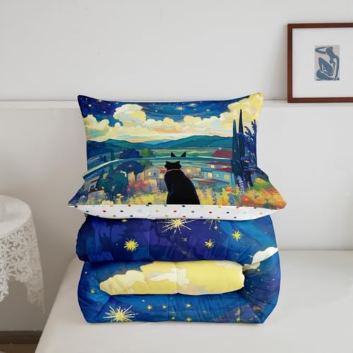 Flower Cat Comforter Set King Size,Swirl Starry Sky Moon Duvet Insert for Kids Girls Boys Adults Room Decor,Blossom Flower Rustic Style Bedding Set 3Pcs,Nature Scenery Quilt Set,2 Pillowcases