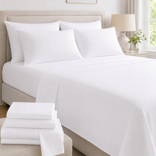 Mattress-Homes Extra Deep Pocket 6 Piece Full Sheet Set, Hotel Luxury Collection, 100% Egyptian Cotton, 21" Deep Fitted Sheet, Soft, Cool & Breathable Bedding with 4 Pillowcases in White Solid