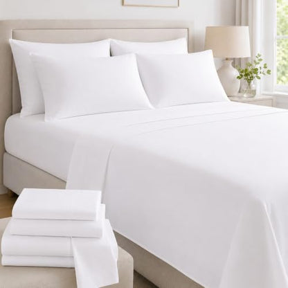 Mattress-Homes Extra Deep Pocket 6 Piece Full Sheet Set, Hotel Luxury Collection, 100% Egyptian Cotton, 21" Deep Fitted Sheet, Soft, Cool & Breathable Bedding with 4 Pillowcases in White Solid