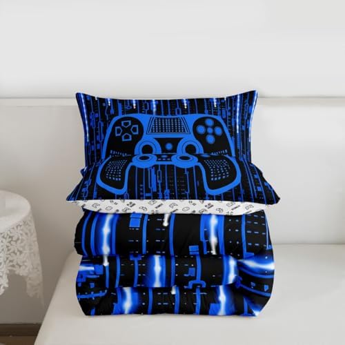 Feelyou Blue Gamer Comforter Toddler Size for Boys Girls, Boys Gamer Comforter Set Game Bedding Set Gaming Duvet Set Kids Gamer Microfiber Bed Set