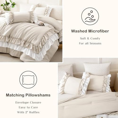 Masaca Ruffled Comforter Set Queen,Farmhouse Shabby Boho Chic Bedding Wheat and White Ruffle Comforter Vintage Rustic French Country Elegant Bedding Set 3PCS