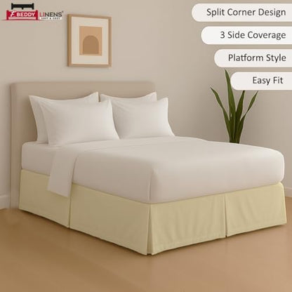 eBeddy Linens Split Corner Bed Skirt Queen 14 Inch Drop – 100% Microfiber, – Platform Style, Ivory Solid, 3-Sided Pleated, Tailored Fit, Hidden Storage, Hotel Luxury, Washable