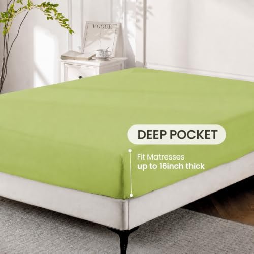 ROSE&RISY Avocado Green Queen Sheet Set, Pre-Washed Cotton-Like Brushed Microfiber, 4 Pcs Super Soft Breathable Cooling Bed Sets,Includes 1 Fitted, 1 Flat, 2 Pillowcases(Avocado Green, Queen)