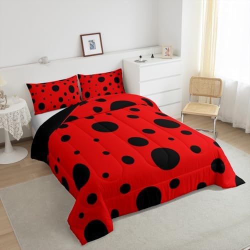 Cute Ladybug Kids Comforter Set King Size,Geometric Polka Dot Patchwork Abstract Bedding Set,Girls Boys Room Decor,Ladybird Beetle Insect Quilt Comforter,Red Black Chic Duvet Insert,2 Pillowcases