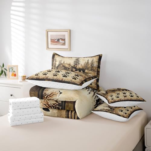 Erosebridal Brown Bear King Comforter Set 7 Piece Hunting Theme Bedding Set for Women Men Animals Western Country Cabin Bed in a Bag Farmhouse Forest Wildlife Quilt with Flat Fitted Sheet