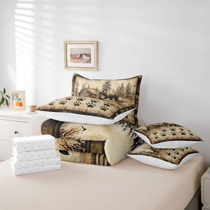 Erosebridal Brown Bear King Comforter Set 7 Piece Hunting Theme Bedding Set for Women Men Animals Western Country Cabin Bed in a Bag Farmhouse Forest Wildlife Quilt with Flat Fitted Sheet