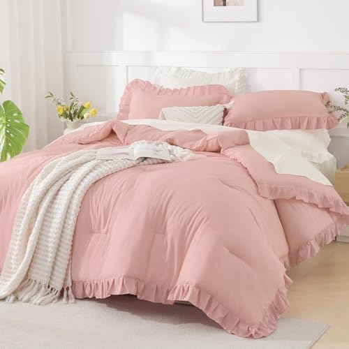 Andency Blush Comforter Set Full Size, 3 Pcs Solid Ruffle Vintage Bedding