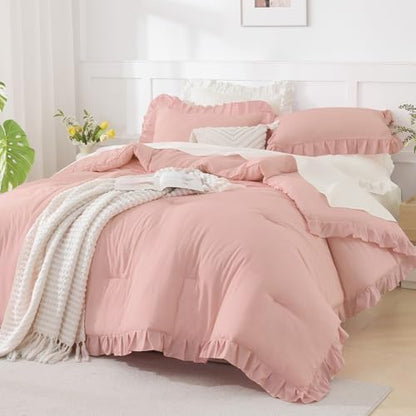Andency Blush Queen Comforter Set, 3 Pieces Farmhouse Shabby Chic Bedding