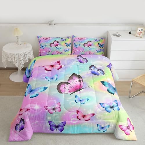 Rainbow Butterfly Comforter Set King Size For Girls Pink Blue Purple Watercolor Butterfly Quilt Bedding Sets Reversible Cute Colorful Stars Down Comforter,Pastel Tie Dye Duvet Insert 2 Pillow Cases