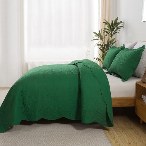 HoneiLife Queen Size Quilt Sets - 3 Piece Queen Quilt Bedding Set Microfiber Quilt Set Lightweight Bedspreads Reversible Coverlets Retro Bed Cover Floral Bedding Set All Season Quilts-Green