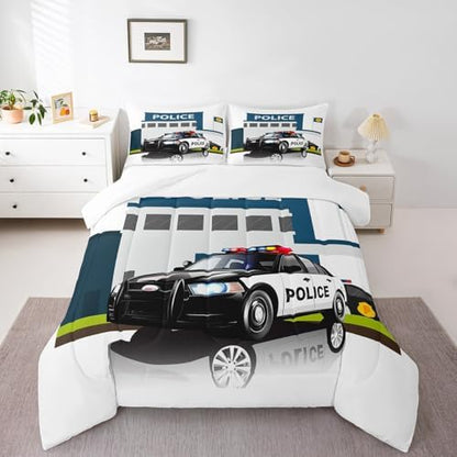 Children Police Car Down Comforter, 3D Car Pattern Comforter Set Queen Size for Kids Boys Girls Teens Bedroom, Cartoon Automobile Quilted Duvet, Decorative 3 Piece Bedding Set with 2 Pillow Cases