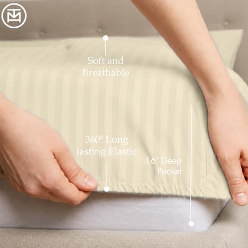 Threadmill 600TC Cotton King Sheet Set, Sateen, Damask Stripe, Cream