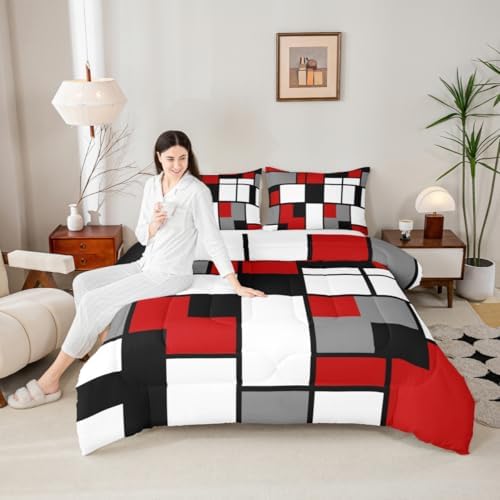 Gray Black Red White Square Comforter Set Twin for Boys Kids Geometric Grid Room Decor Retro Pattern Comforter Teens Bedroom Modern Abstract Bedding Set 1 Comforter with 1 Pillow Case,Lightweight Soft