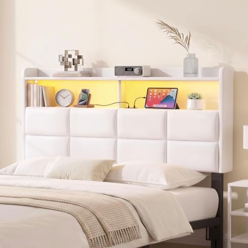 Garvee Full Size Headboard Only with 2-Tier Storage,Charging Station,White