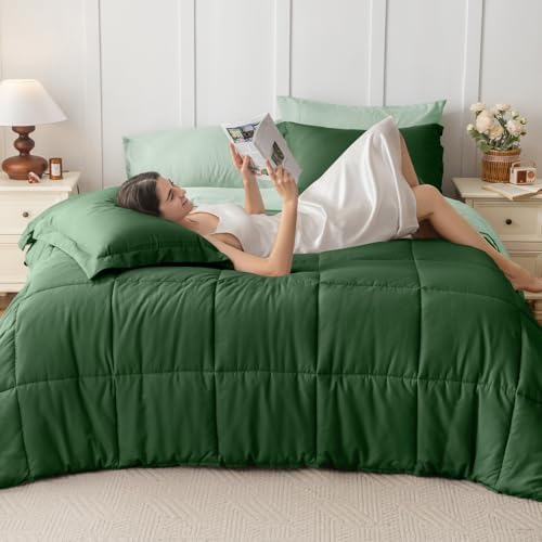 JOLLYVOGUE California King Comforter Set, Ultra-Soft Bed in a Bag 7 Pieces, Oeko-TEX Certified Bedding Set with Down Alternative Comforter, Sheets, Pillowcases & Shams, Dark Green & Light Green
