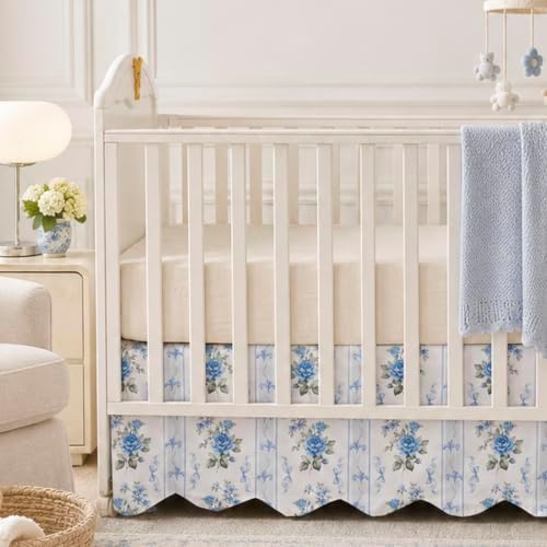 Brandream Scallop Edge Organic Cotton Crib Skirt, Baby Girl Crib Skirt Toddler Bedskirt Farmhouse Chic Nursery Crib Bed Skirt French Vintage Cottagecore with Rose Floral Botanical Stripe Print Skirt