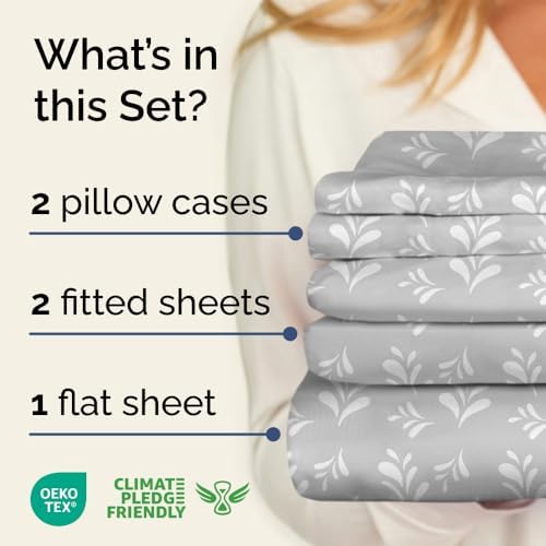 Split King 5 Piece Floral Sheet Set - Breathable & Cooling - Gray Sprig