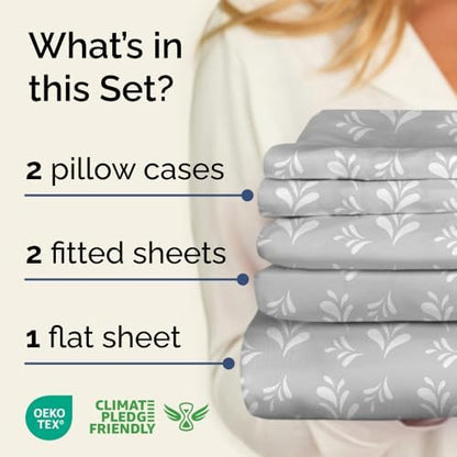 Split King 5 Piece Floral Sheet Set - Breathable & Cooling - Gray Sprig