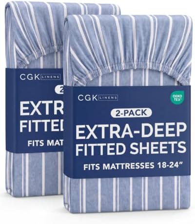 CGK Linens 2 Pack Extra Deep Full Fitted Sheets - Blue Stripes