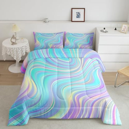 Pastel Rainbow Comforter Set with Pillowcases Abstract Wave Stripes 3D Printed Designs 3 Piece Bedroom Duvet Set Psychedelic Girl Bed Down Comforter for Kids Women Dorm Room (Full,Coulourful Marble)