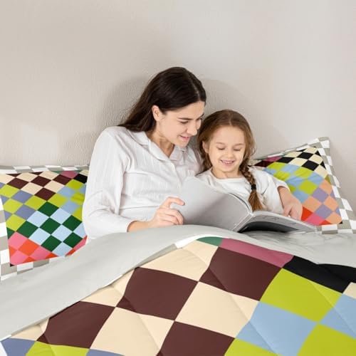 Checkered Geometric Comforter Set Toddler Size Green Red Beige Brown Plaid Bedding Set for Kids Boys Girls Checkerboard Modern Aesthetic Duvet Quilt Reversible Grey Decor 2 Pcs with 1 Pillow Cases