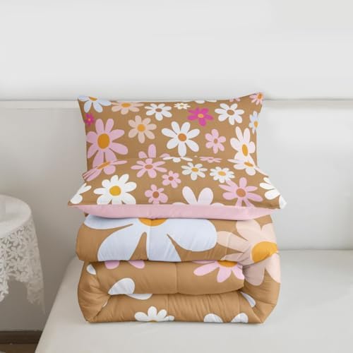 jejeloiu Cute Flower Comforter Set All Season Colorful Daisy Bedding Set with 2 Pillow Cases Blossom Flowers Pattern Microfiber Kids King Bedclothes Kawaii Bedroom Decor Duvet Quilt Breathable Soft