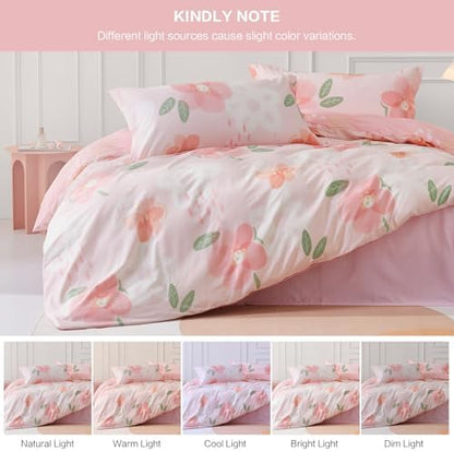 SAPHREAS Pink Floral Duvet Cover Set 3pcs King Size Botanical Blossom Flower Pattern Bedding Comforter Cover Set 100% Cotton 1 Duvet Cover 104"x90" 2 Pillow Shams, Comforter Not Included