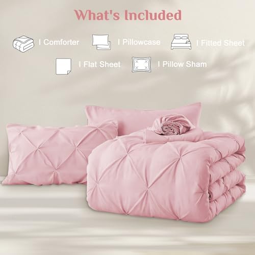 JOLLYVOGUE Twin Comforter Set 5 Pieces - Bed in a Bag Twin for All Season, Pintuck Bedding Comforter Sets with Comforter, Flat Sheet, Fitted Sheet and Pillowcases & Shams, Baby Pink