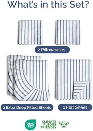 Extra Deep Split King Sheet Set - 5 Piece Breathable Cooling - Blue Stripes