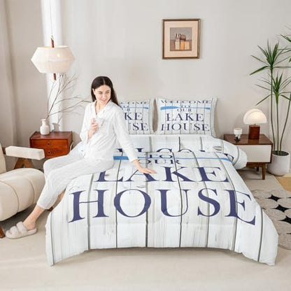 Lake House Comforter Set Full Size, Cabin Rustic Farmhouse Style Bedding Set 3pcs, Grey Wooden Plank Lake Themed Down Comforter for All Season, Kids Boys Girls Room Decor, 2 Pillowcases, No Sheets