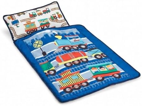 EVERYDAY KIDS Toddler Nap Mat with Removable Pillow -Choo Choo Train- Carry Handle with Fastening Straps Closure, Rollup Design, Soft Microfiber for Preschool, Daycare, Sleeping Bag - Ages 2-6 Years