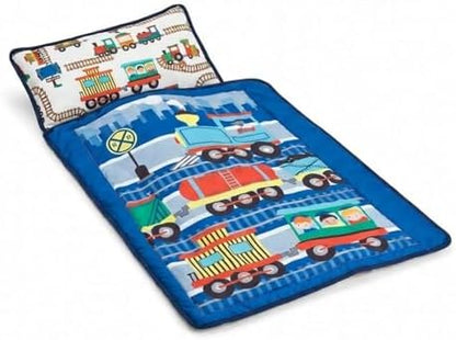 EVERYDAY KIDS Toddler Nap Mat with Removable Pillow -Choo Choo Train- Carry Handle with Fastening Straps Closure, Rollup Design, Soft Microfiber for Preschool, Daycare, Sleeping Bag - Ages 2-6 Years