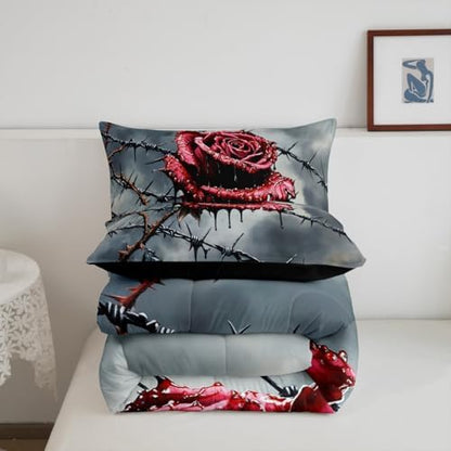 Red Rose Flowers Kids Comforter Set Full Size,Happy Halloween Western Holiday Bedding Set,Girls Boys Room Decor,Blood Floral Gothic Vintage Quilt Comforter,Red Romantic Duvet Insert,2 Pillowcases