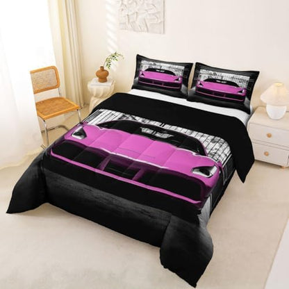 Feelyou Boys Pink Race Car Comforter Set King Size Pink Luxury Car Bedding Set for Kids Boys Girls Extreme Sports Duvet Quilt Fast and Furious Bedroom Decor 3 Pcs with 2 Pillow Cases